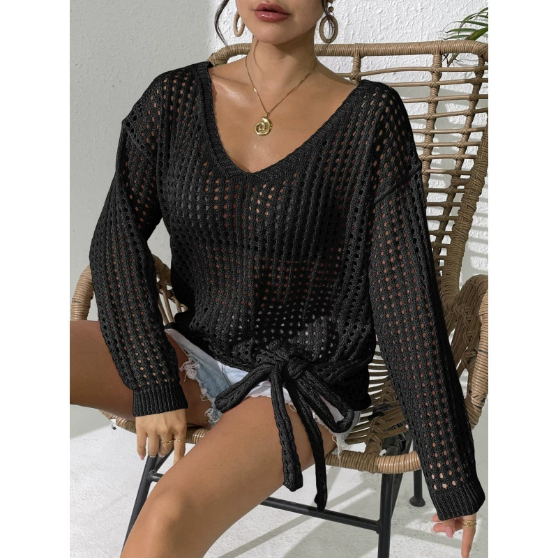 Women's V-Neck Tie-Front Long Sleeve Knit Pullover view 8