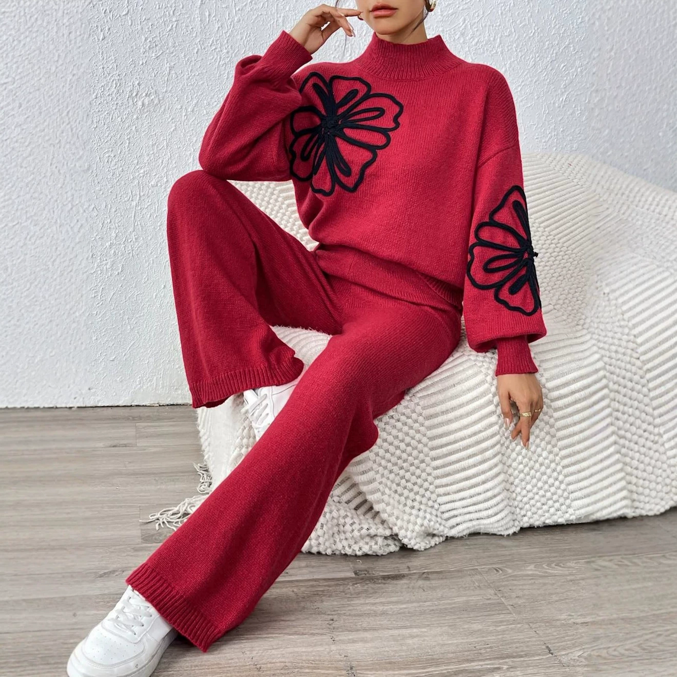 Two-Piece Knit Set Mock Neck Sweater and Wide-Leg Pants