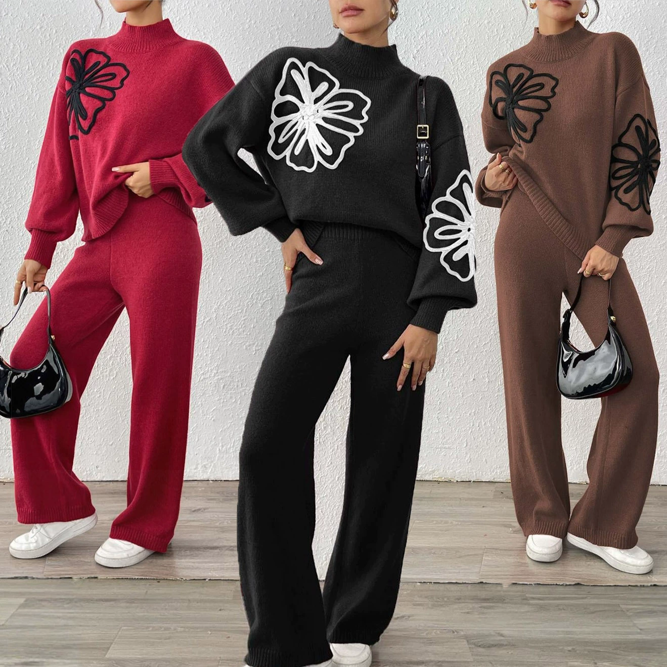 Two-Piece Knit Set Mock Neck Sweater and Wide-Leg Pants