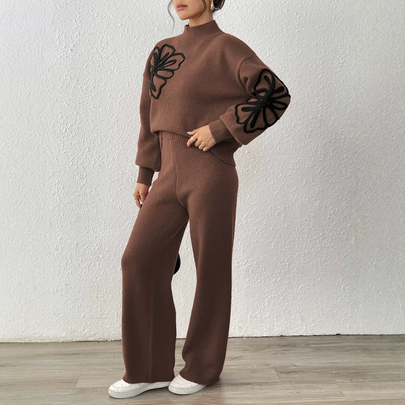 Two-Piece Knit Set Mock Neck Sweater and Wide-Leg Pants view 3