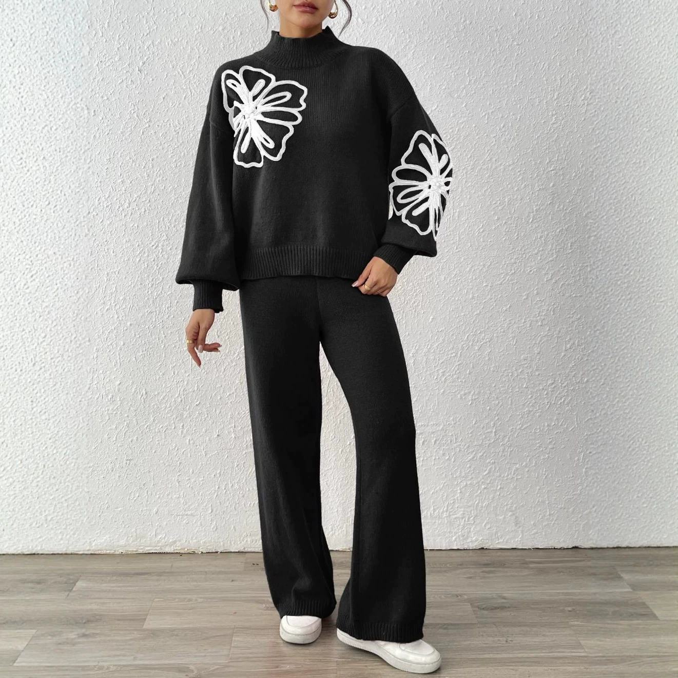 Two-Piece Knit Set Mock Neck Sweater and Wide-Leg Pants view 4