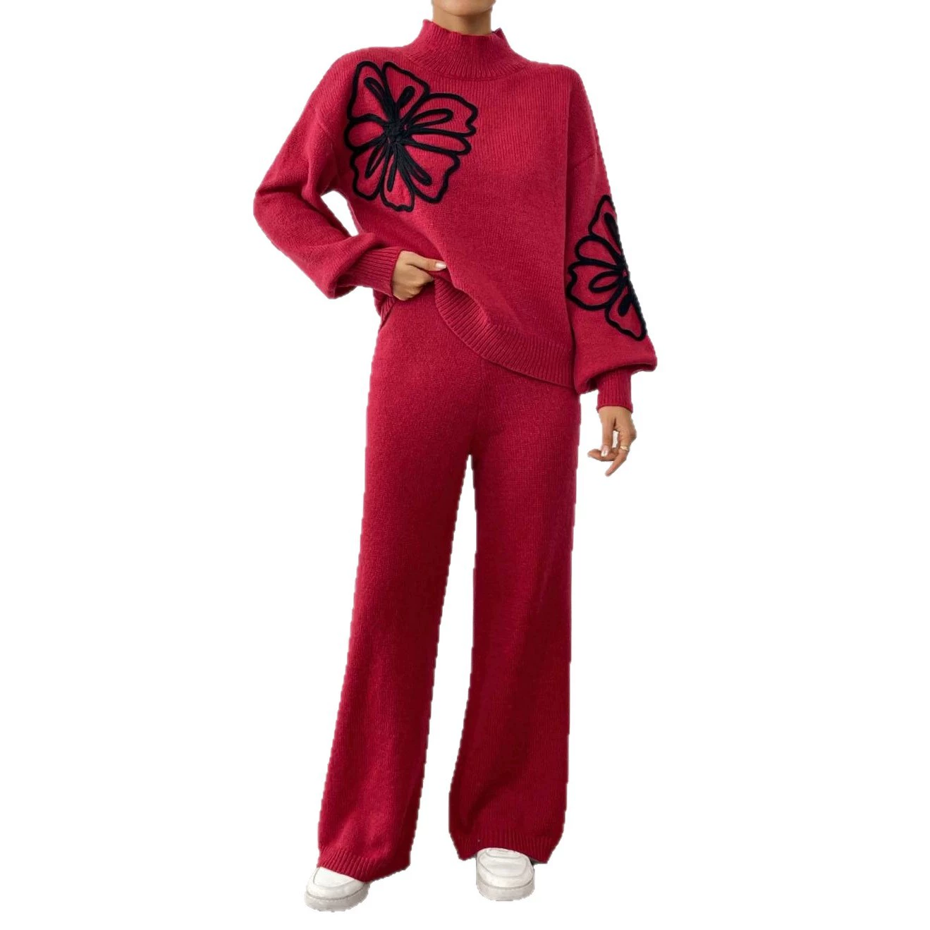 Two-Piece Knit Set Mock Neck Sweater and Wide-Leg Pants view 5