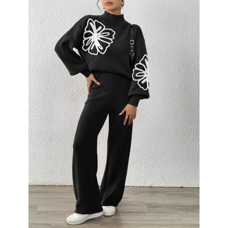 Two-Piece Knit Set Mock Neck Sweater and Wide-Leg Pants view 6