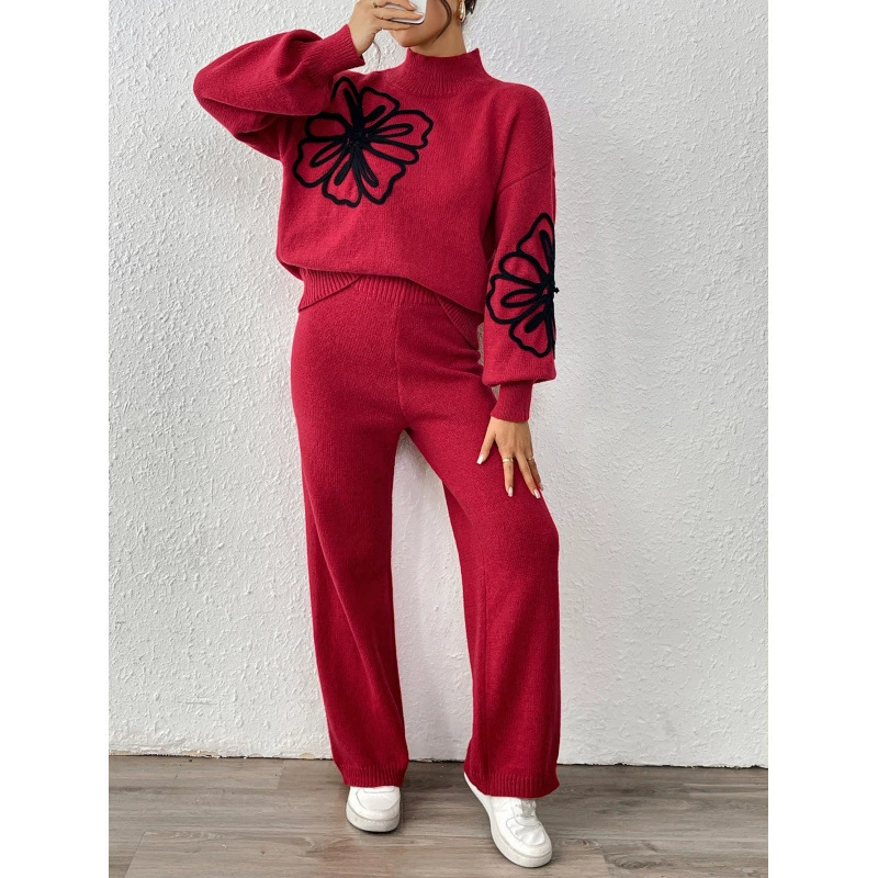 Two-Piece Knit Set Mock Neck Sweater and Wide-Leg Pants view 8