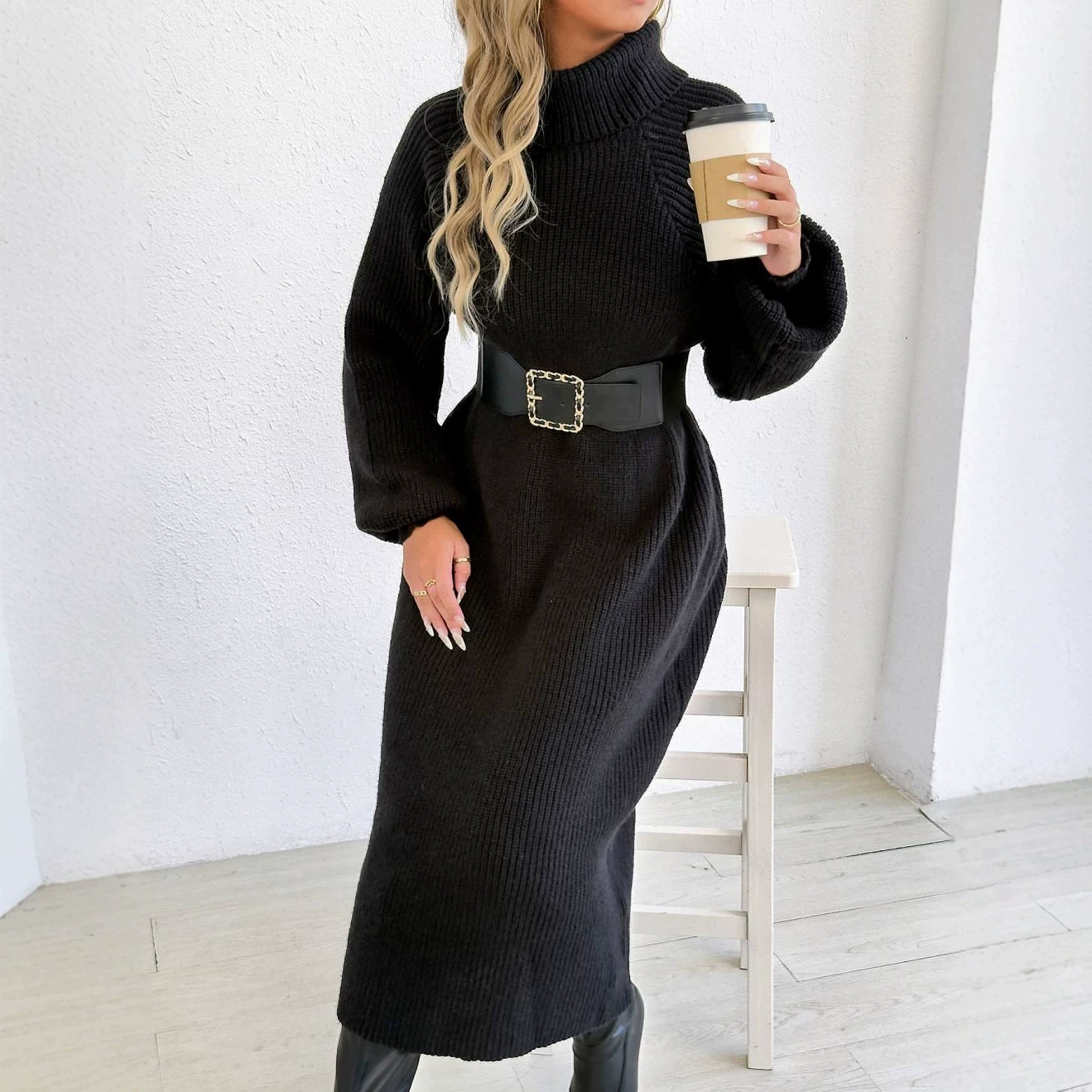 Turtleneck Long Sleeve Midi Dress