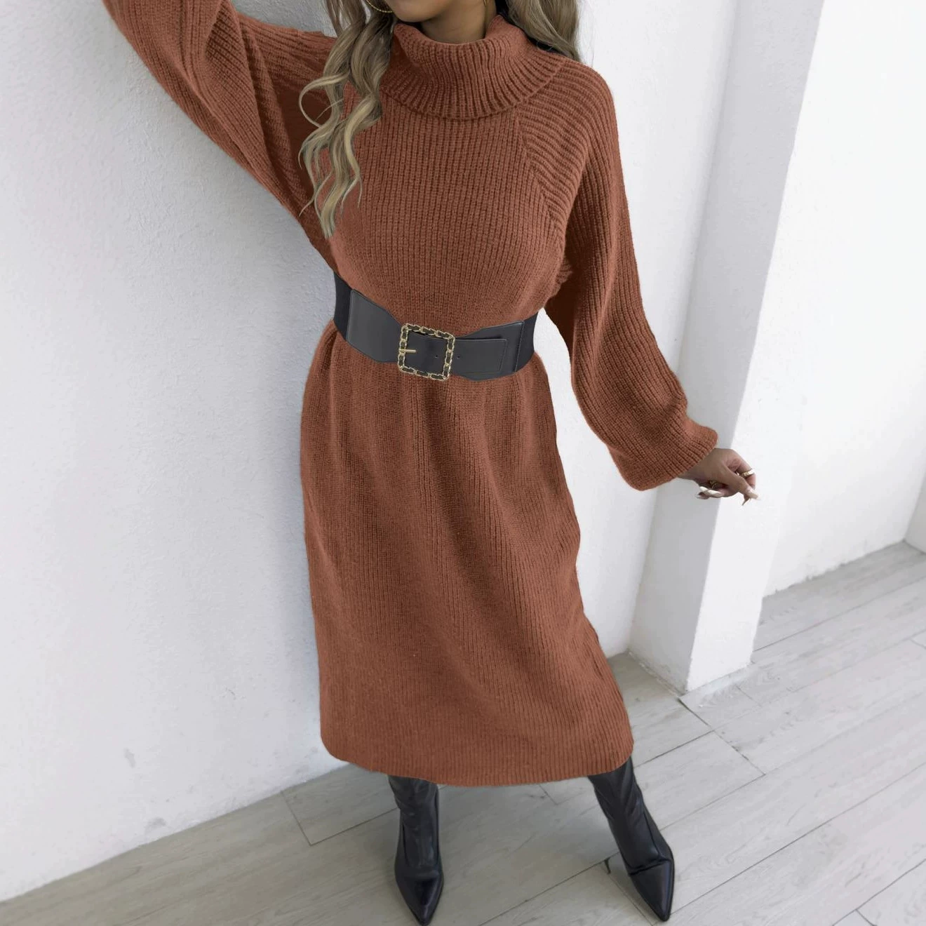 Turtleneck Long Sleeve Midi Dress view 2