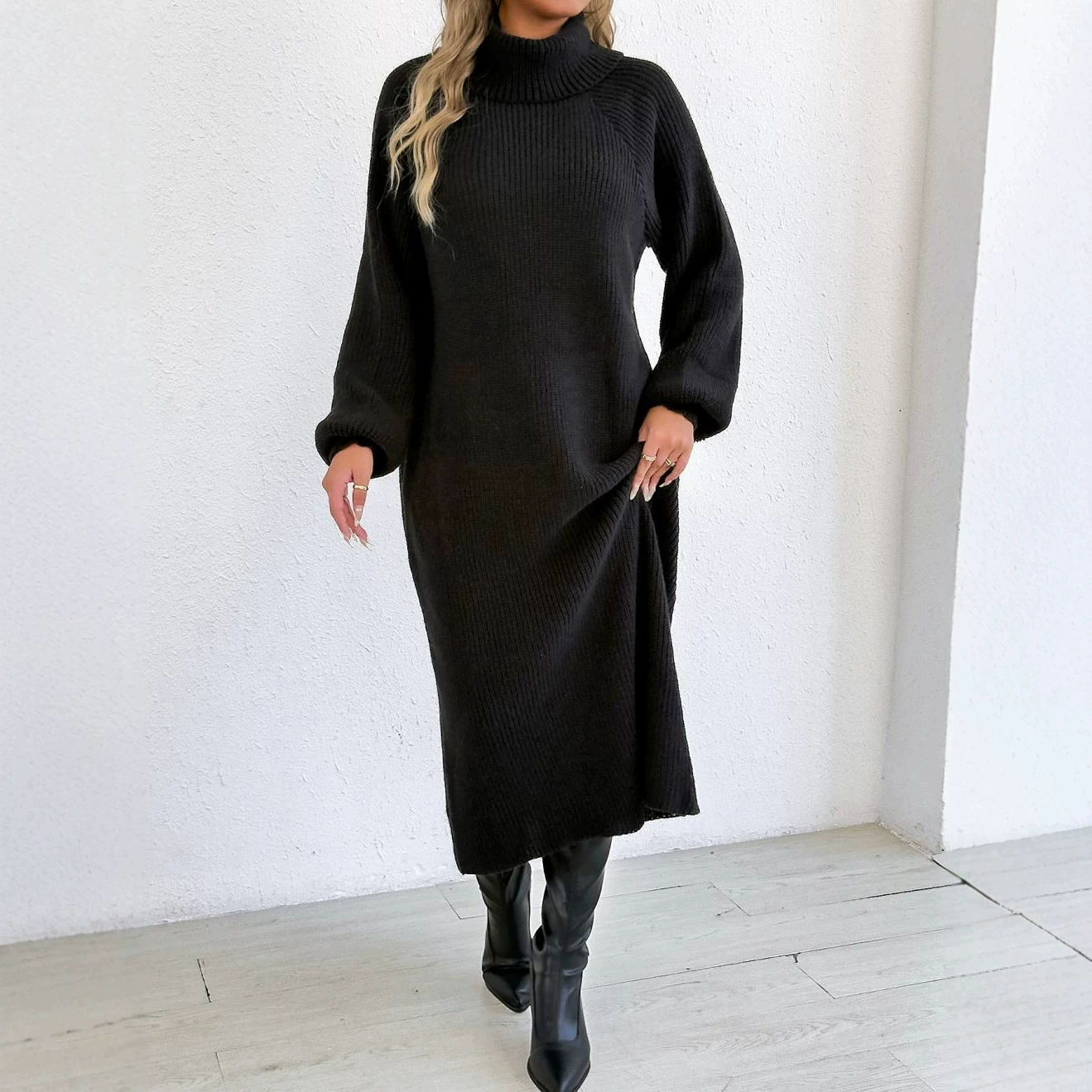 Turtleneck Long Sleeve Midi Dress view 4