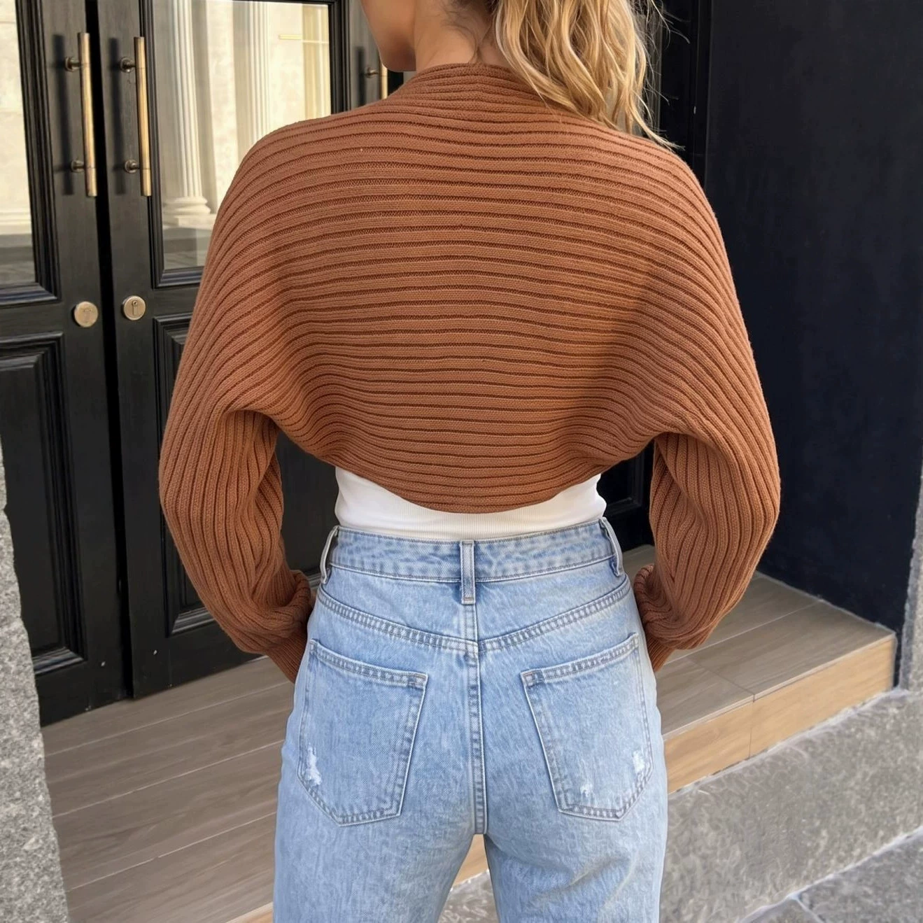 Ribbed Shrug with Open Front and Long Sleeves view 3