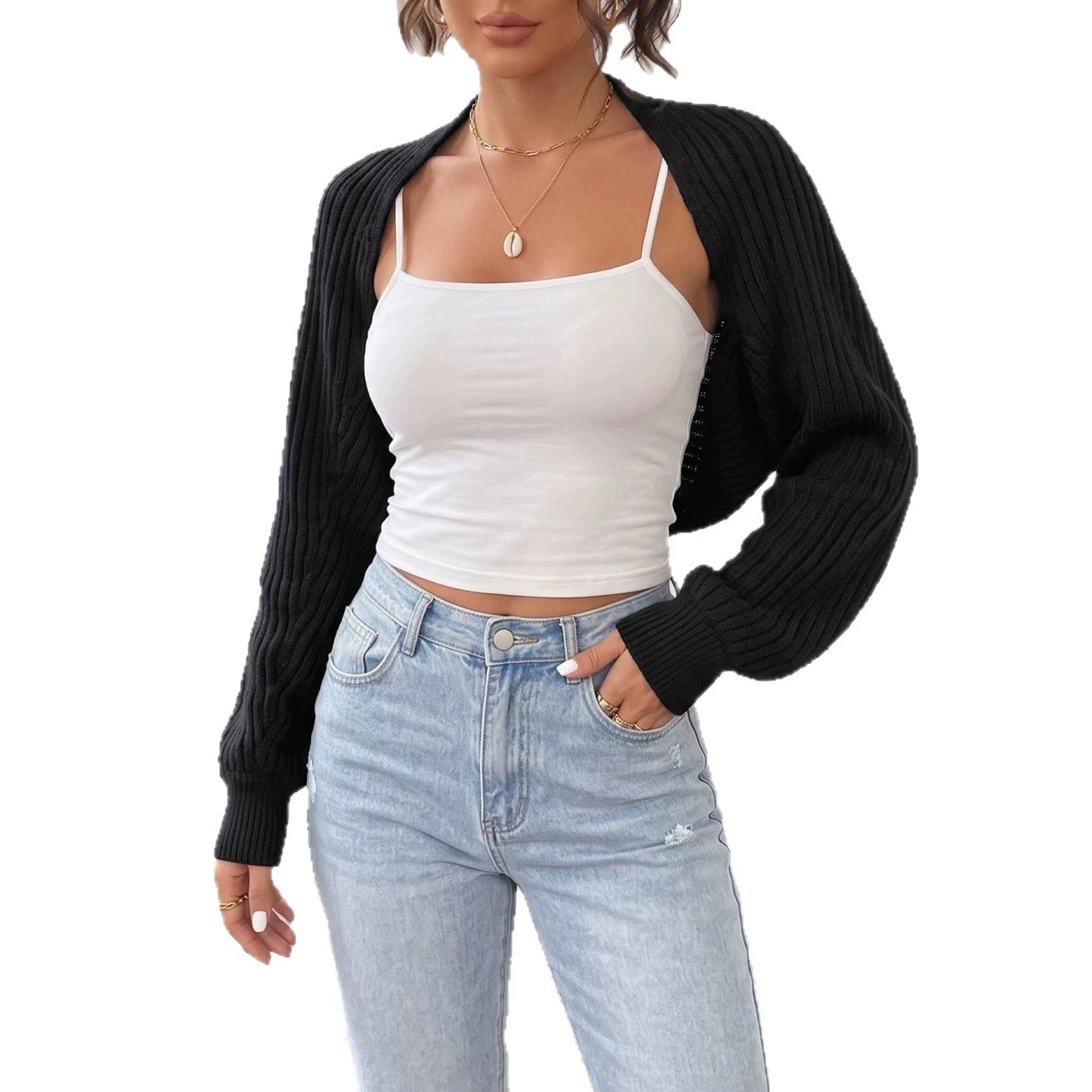 Ribbed Shrug with Open Front and Long Sleeves view 5