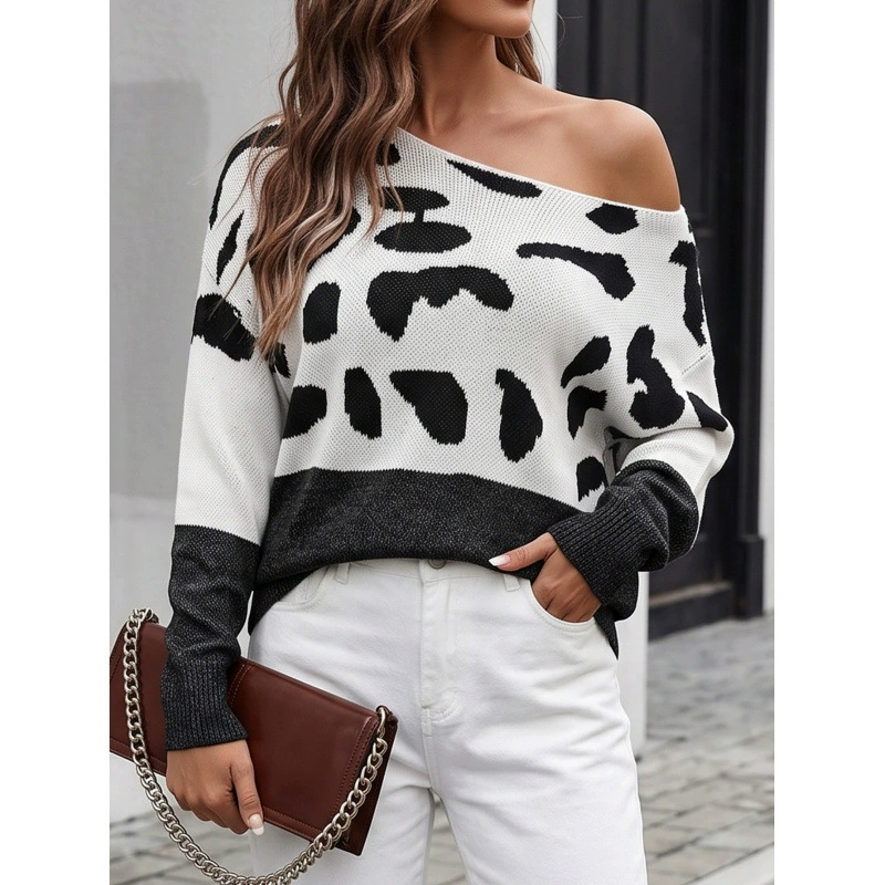 Women’s Off-Shoulder Sweater with Ribbed Cuffs and Hem