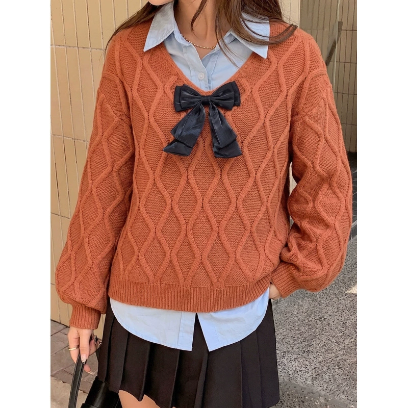 V-Neck Bow Detail Knit Sweater