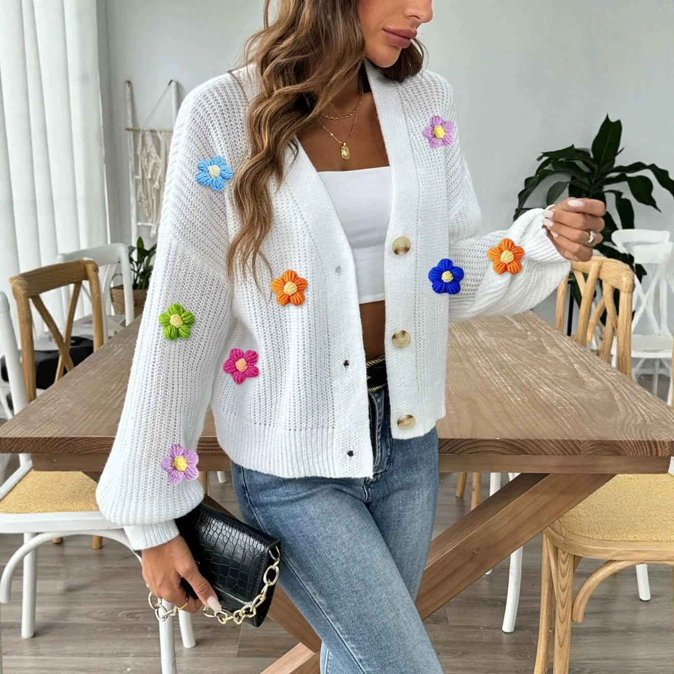 Women’s V-Neck Button-Up Cropped Cardigan