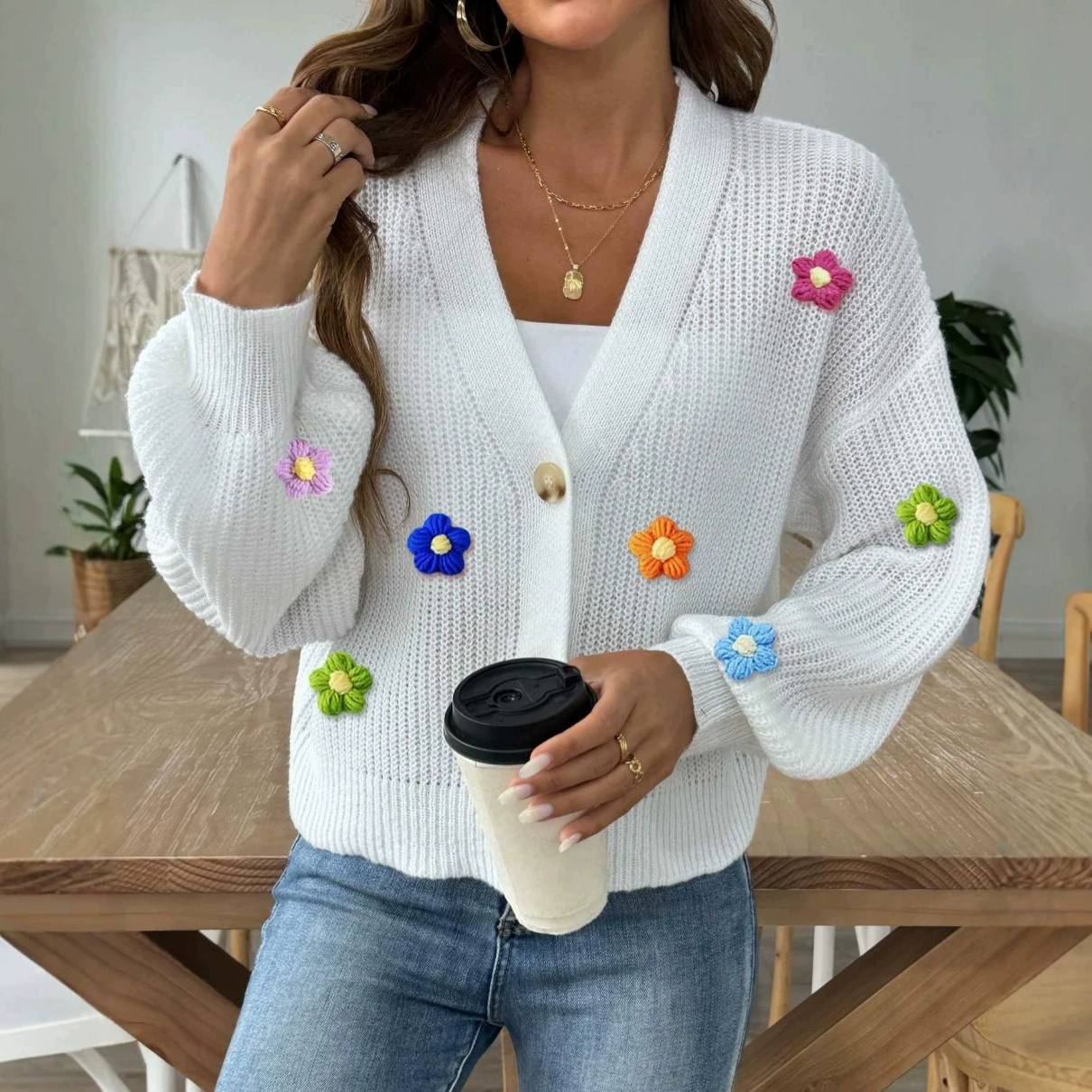 Women's V-Neck Button-Up Cropped Cardigan view 3