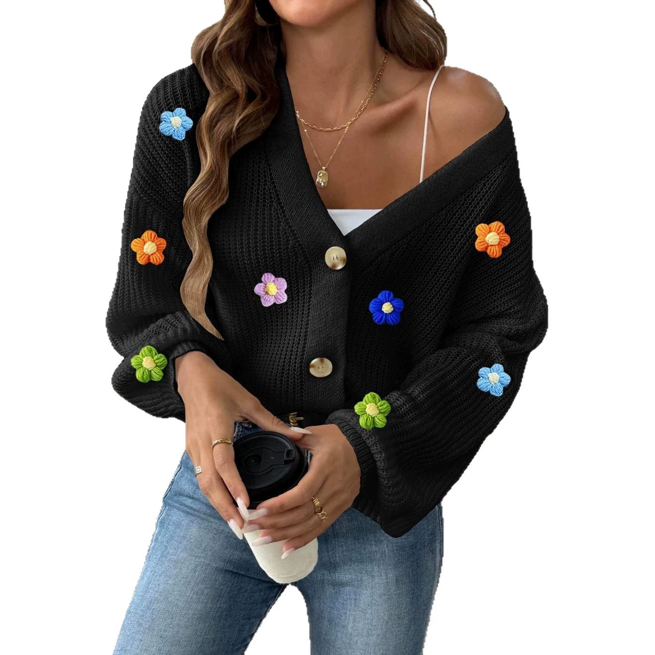 Women's V-Neck Button-Up Cropped Cardigan view 5