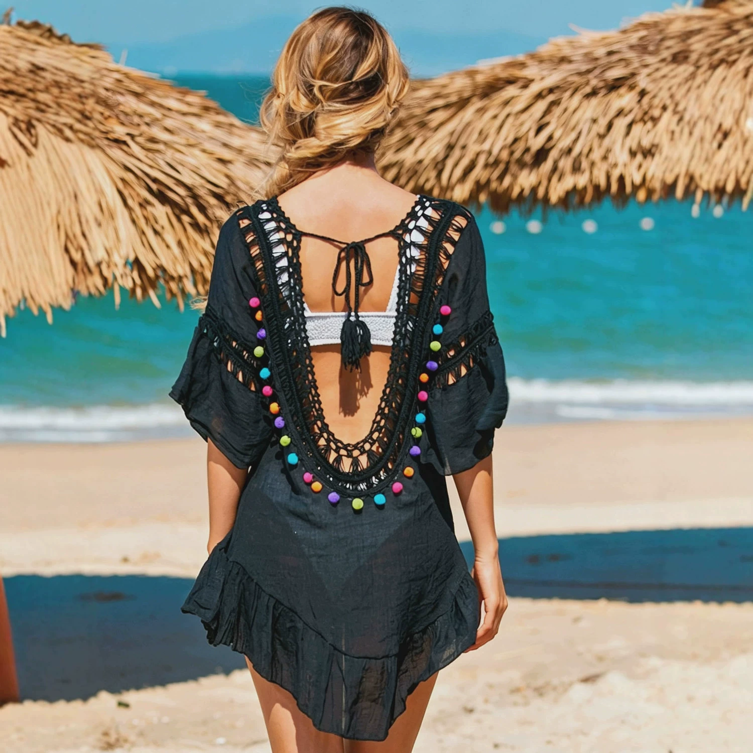 Open Back Crochet Trim Beach Cover-Up Tunic view 3