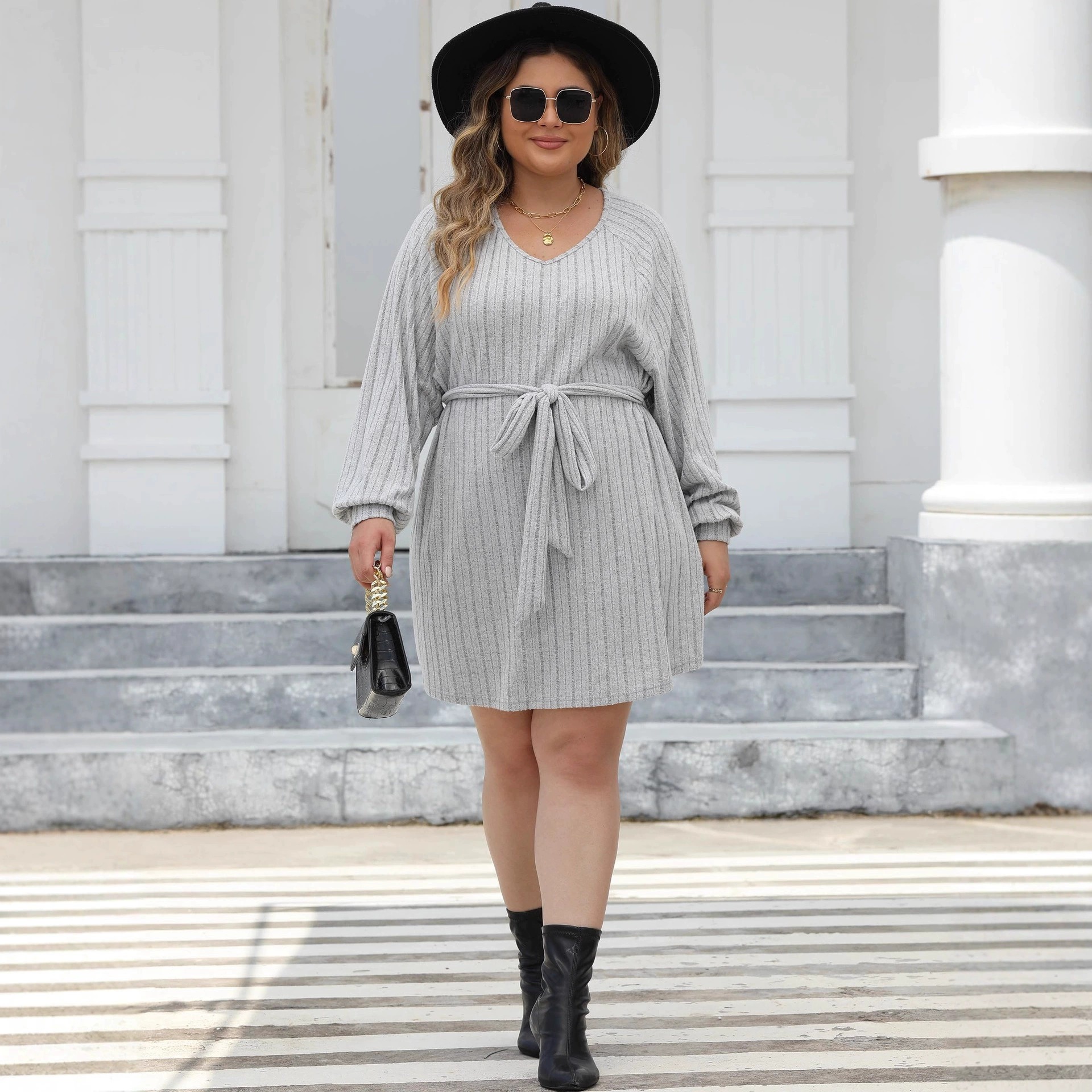 V-Neck Long-Sleeve Tie-Waist Dress