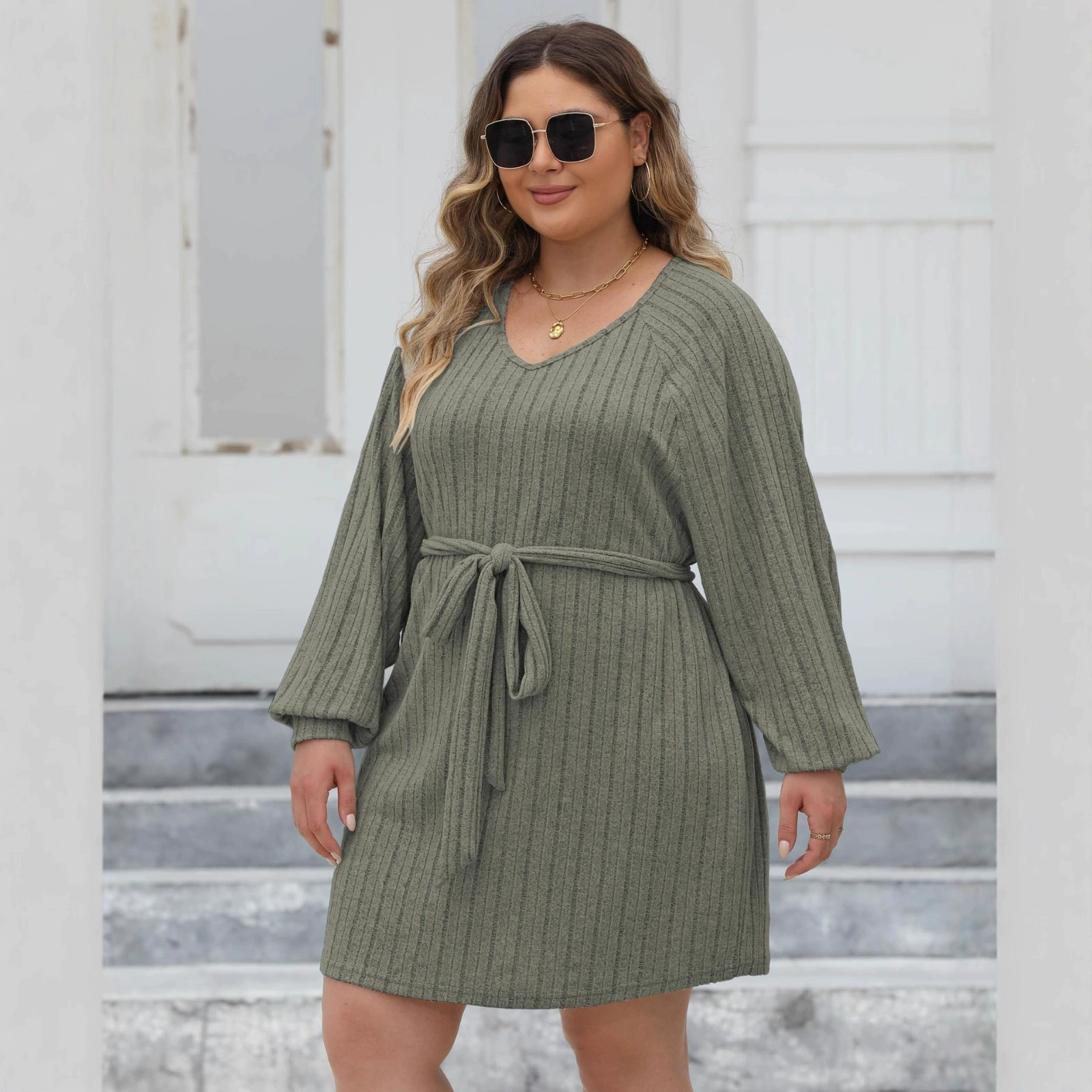 V-Neck Long-Sleeve Tie-Waist Dress view 2