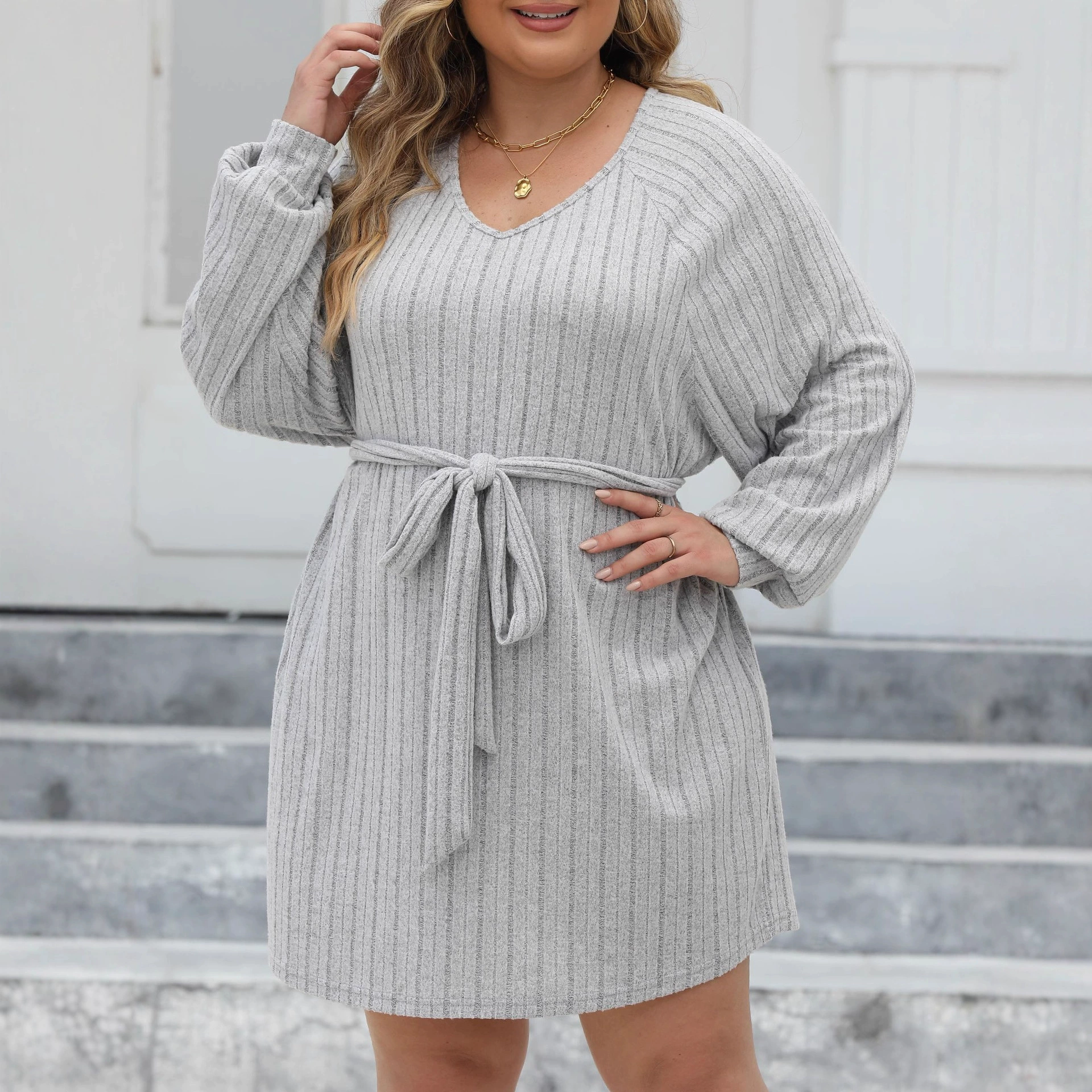 V-Neck Long-Sleeve Tie-Waist Dress view 3