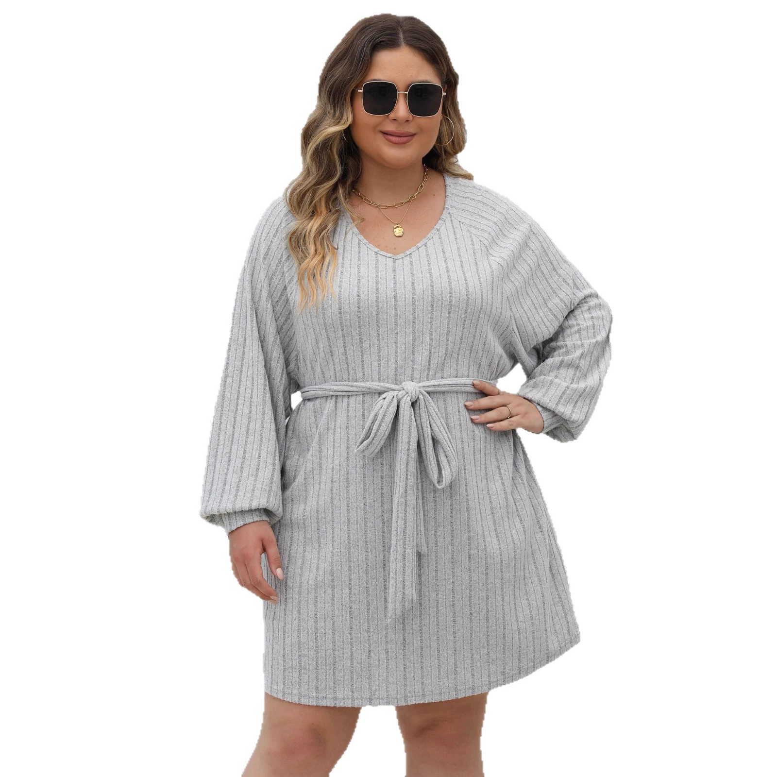 V-Neck Long-Sleeve Tie-Waist Dress view 5