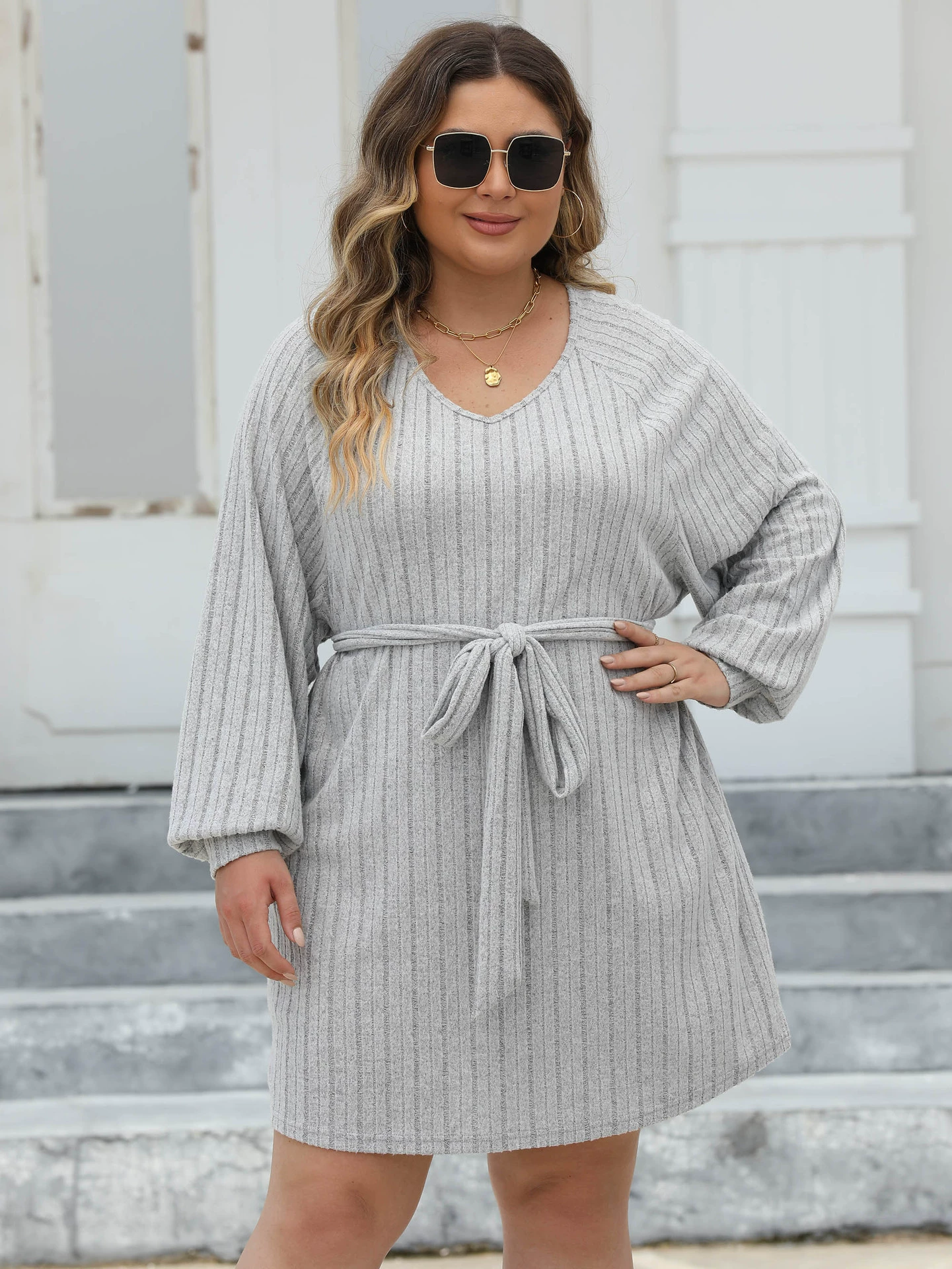 V-Neck Long-Sleeve Tie-Waist Dress view 6