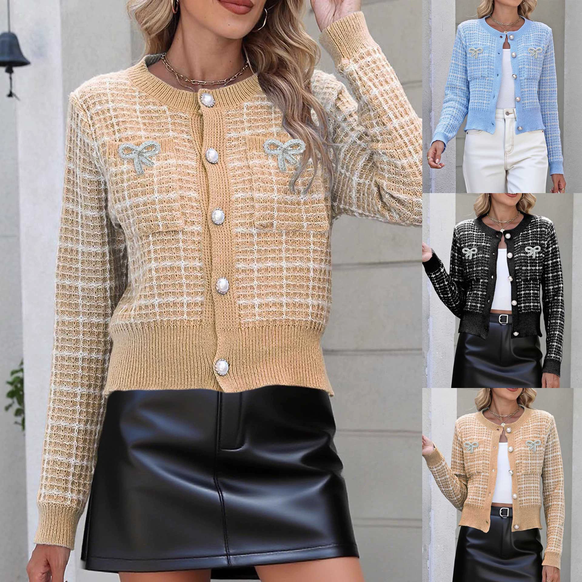 Women's Crew Neck Button-Front Cardigan with Bow Appliqué view 2