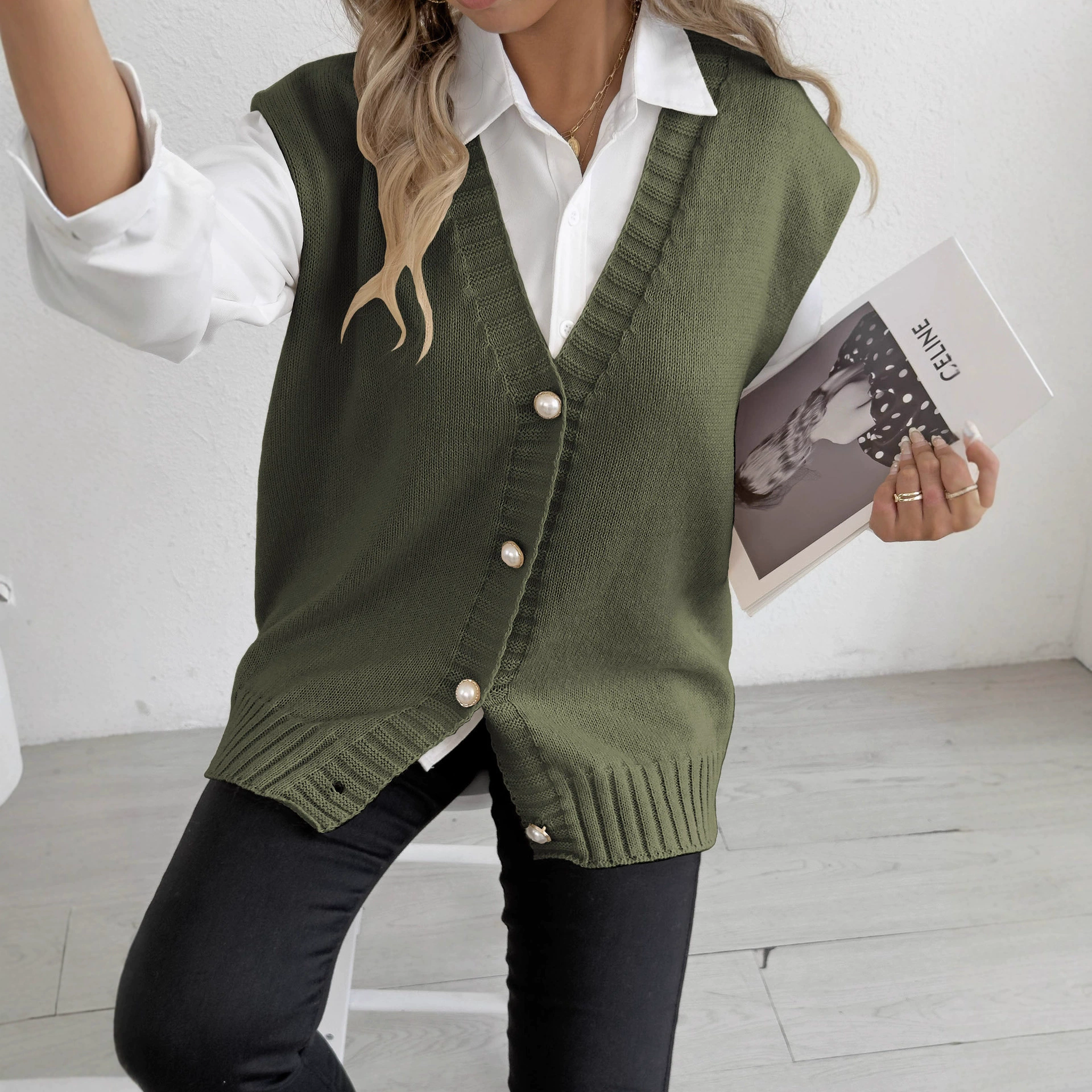 V-Neck Button-Down Knit Vest view 3