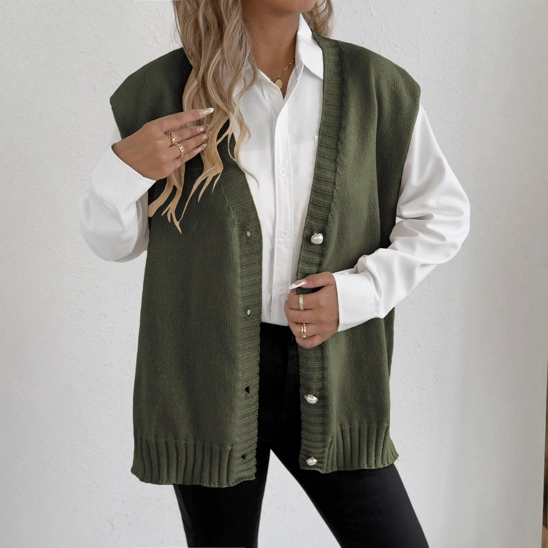V-Neck Button-Down Knit Vest view 4
