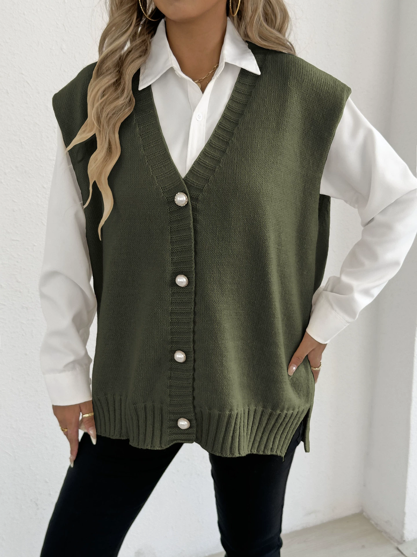 V-Neck Button-Down Knit Vest view 7