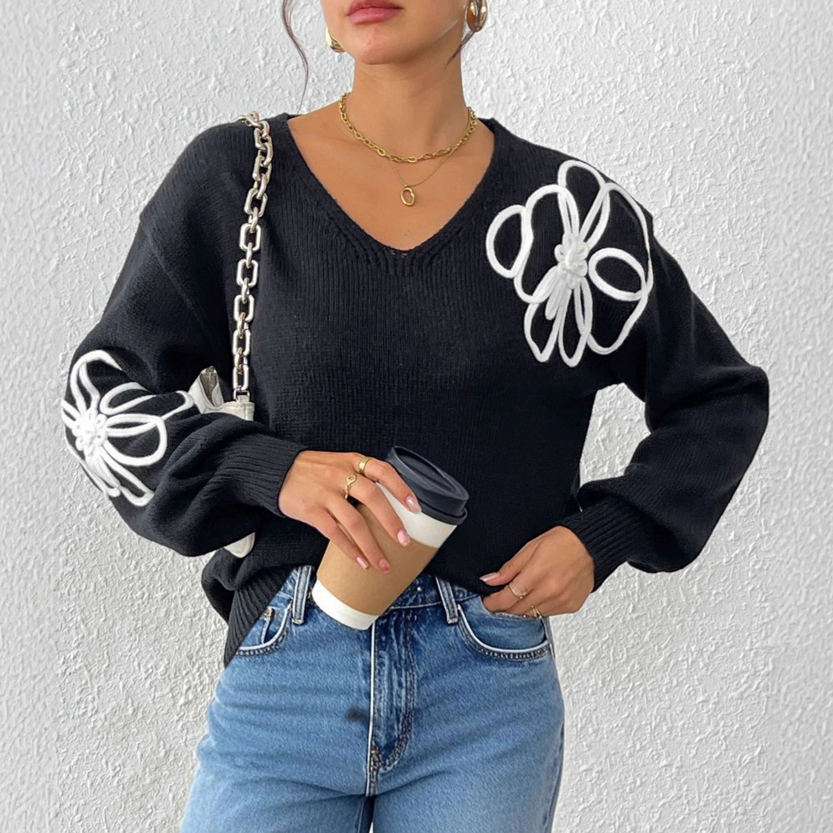 Women's V-Neck Knit Sweater with Long Sleeves
