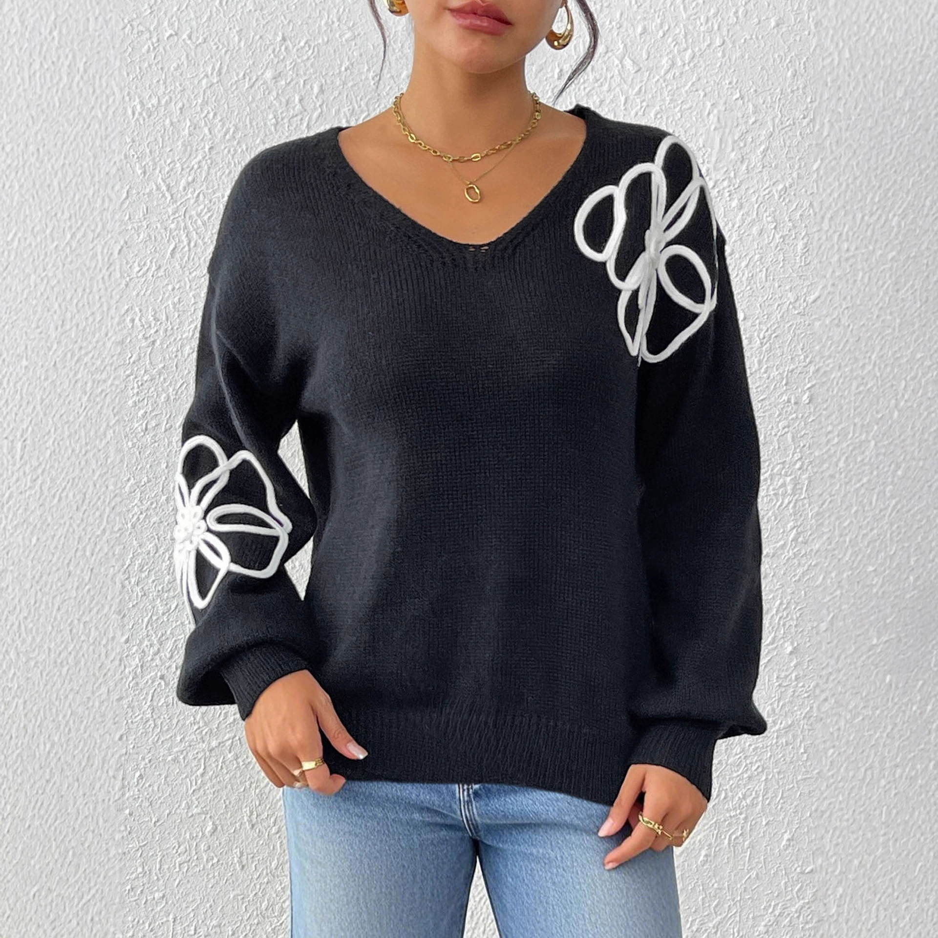 Women's V-Neck Knit Sweater with Long Sleeves view 2