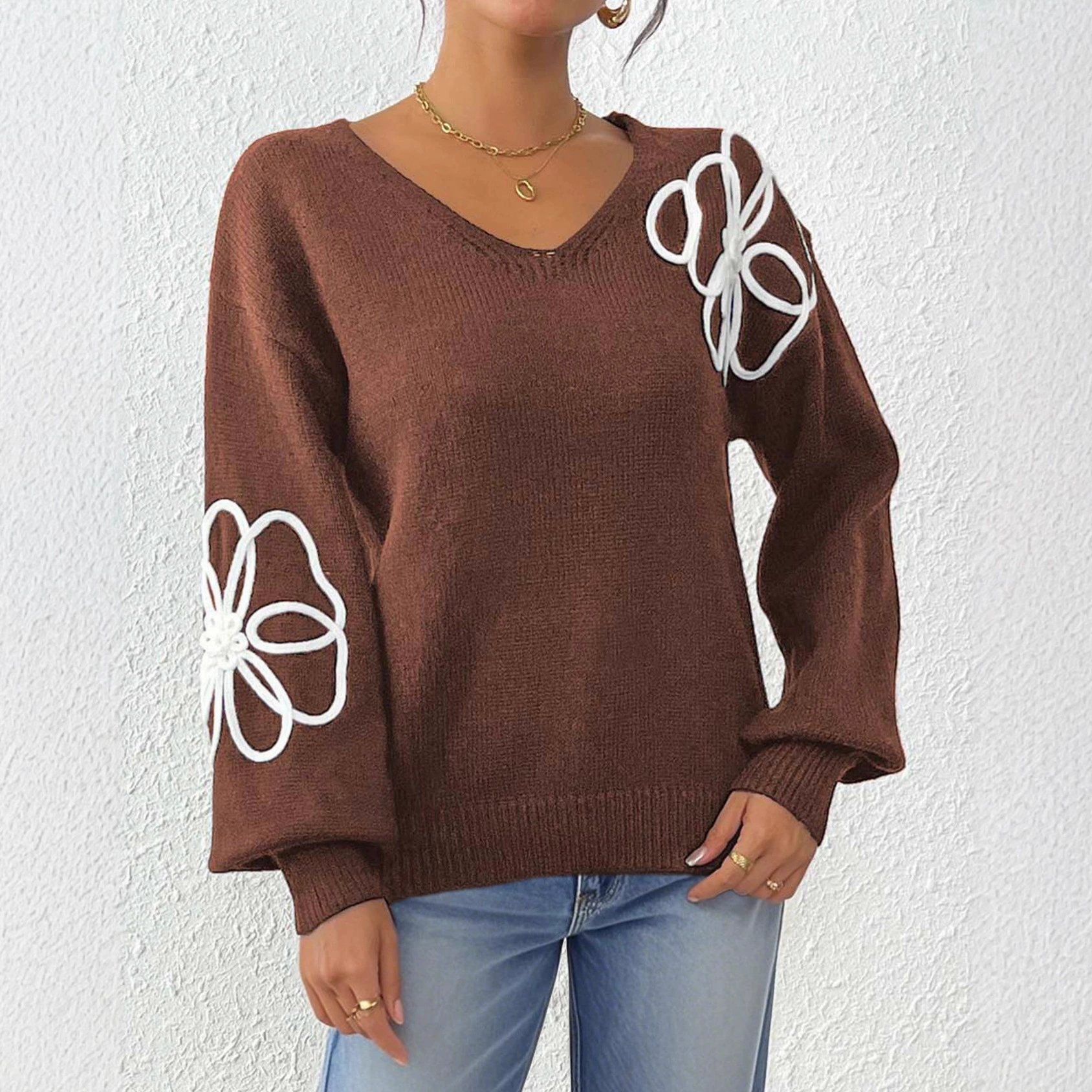 Women's V-Neck Knit Sweater with Long Sleeves view 3