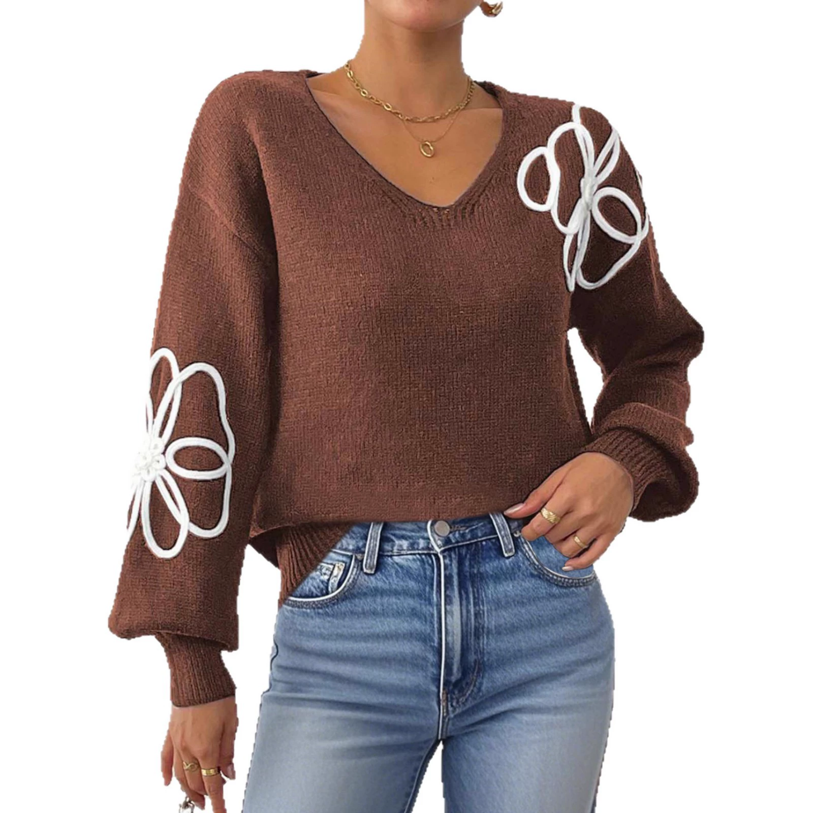 Women's V-Neck Knit Sweater with Long Sleeves view 5