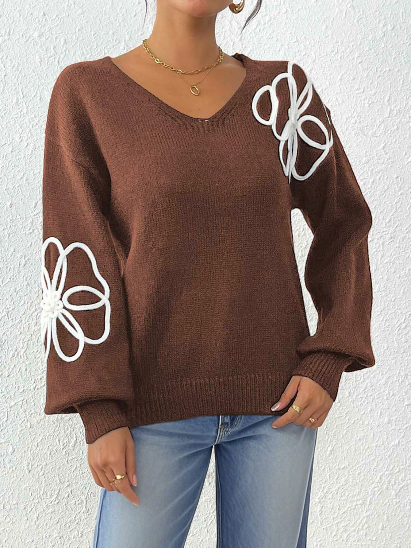 Women's V-Neck Knit Sweater with Long Sleeves view 7