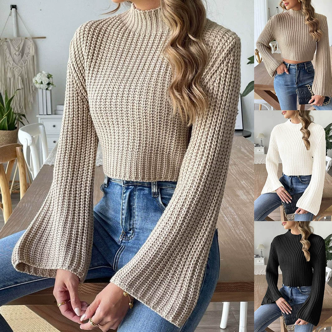 Women’s Ribbed Mock Neck Cropped Sweater with Bell Sleeves