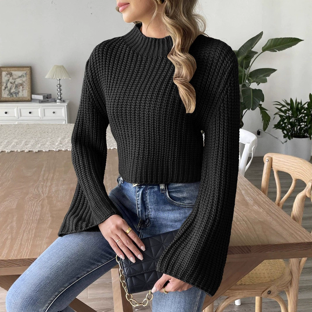 Women’s Ribbed Mock Neck Cropped Sweater with Bell Sleeves
