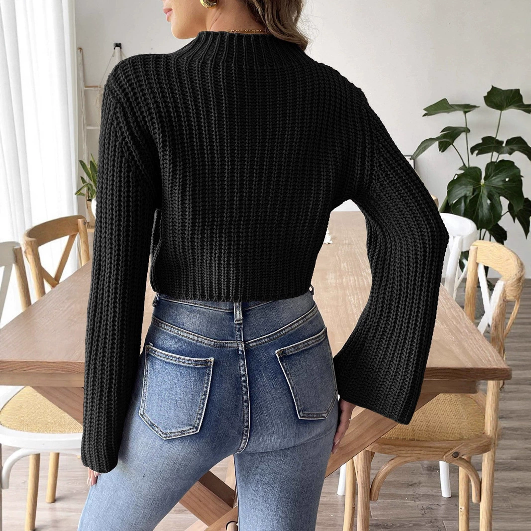 Women's Ribbed Mock Neck Cropped Sweater with Bell Sleeves view 3