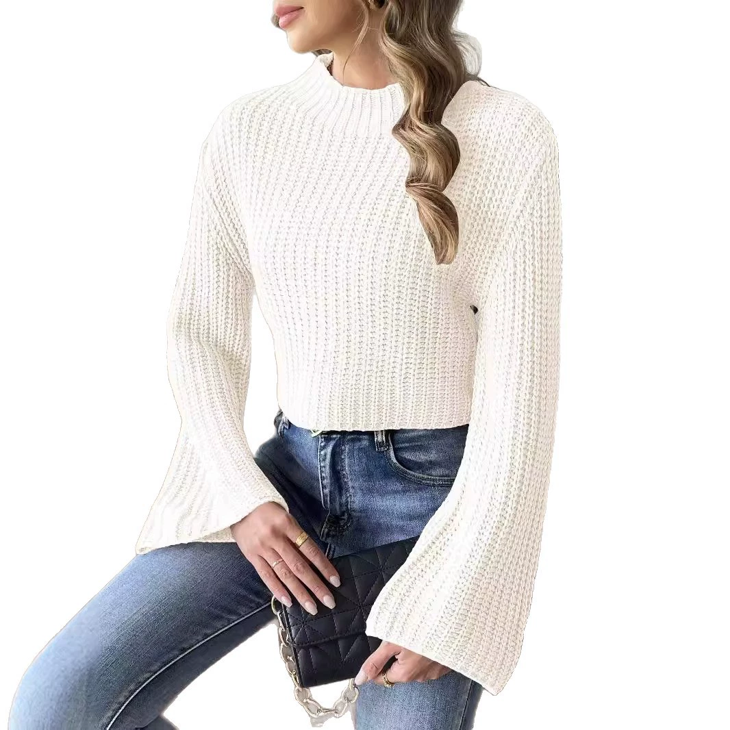 Women's Ribbed Mock Neck Cropped Sweater with Bell Sleeves view 5