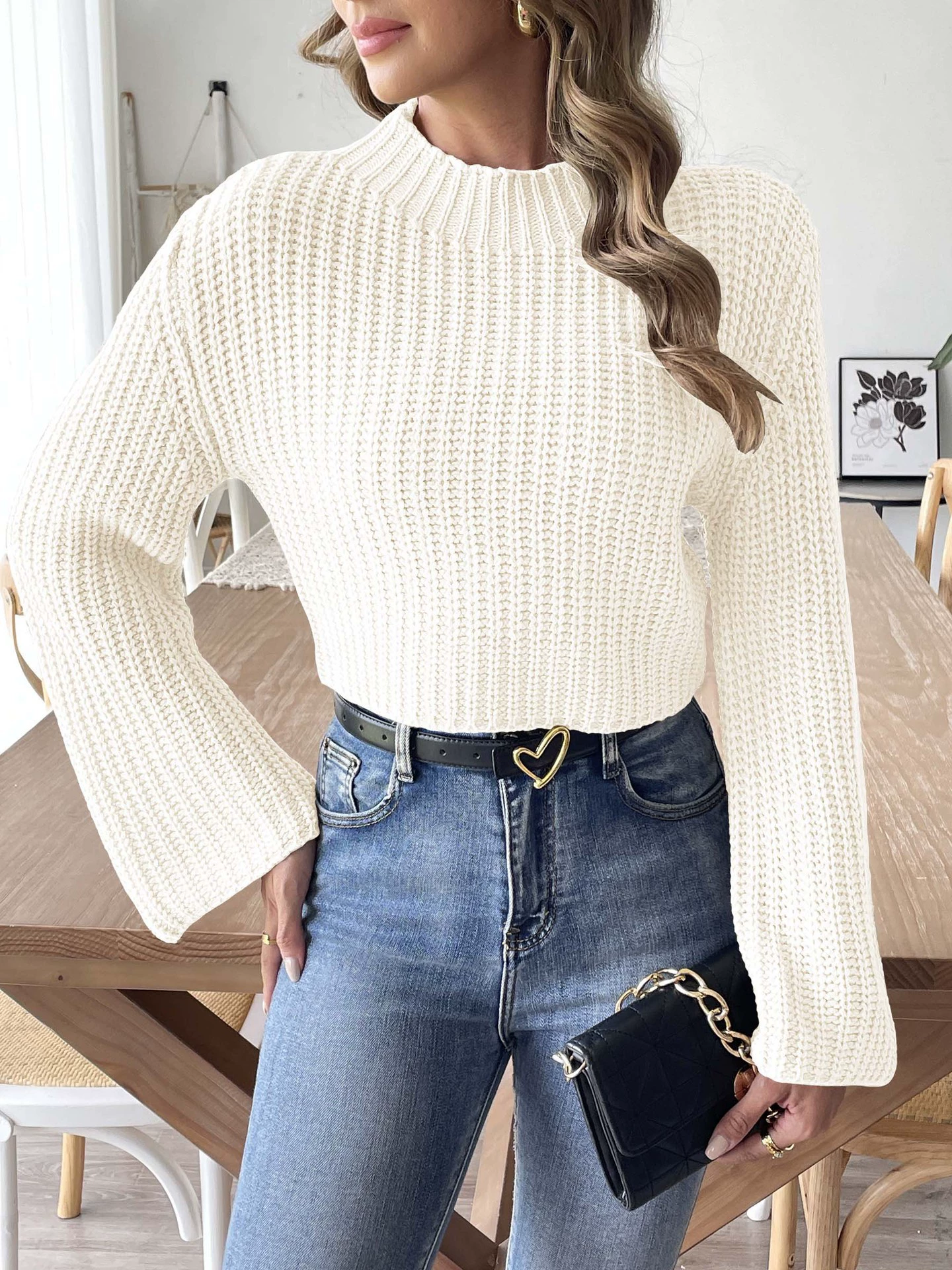 Women's Ribbed Mock Neck Cropped Sweater with Bell Sleeves view 8