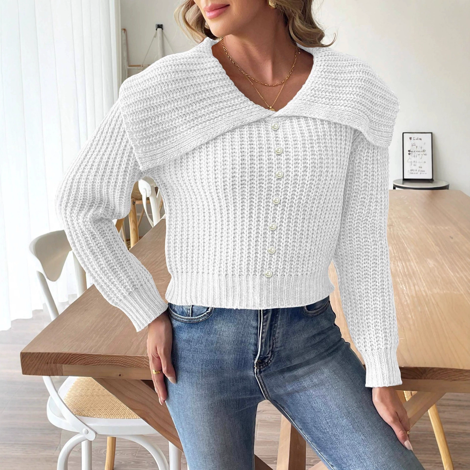 Women's Button-Front Knit Cardigan Sweater with Wide Collar