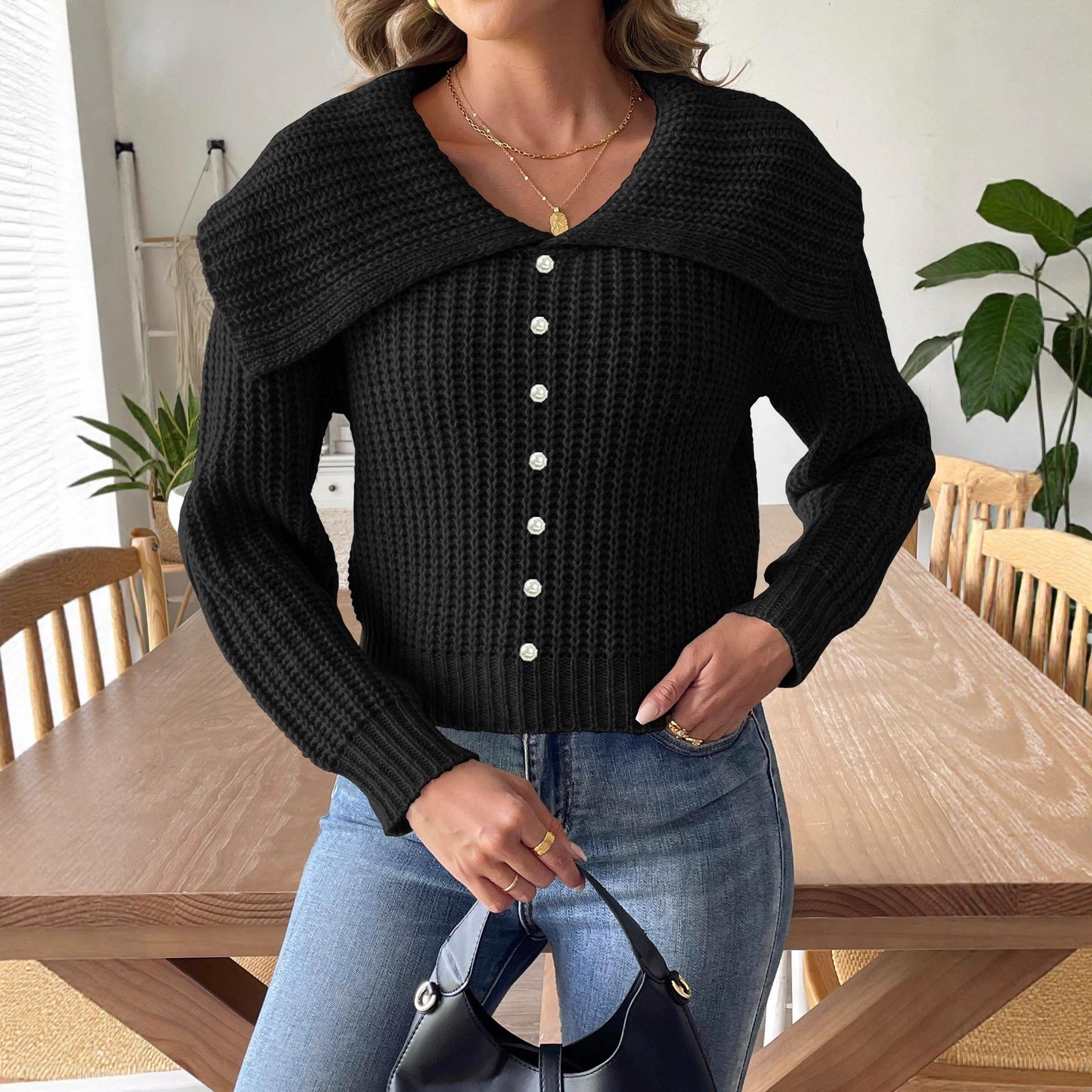 Women's Button-Front Knit Cardigan Sweater with Wide Collar view 3