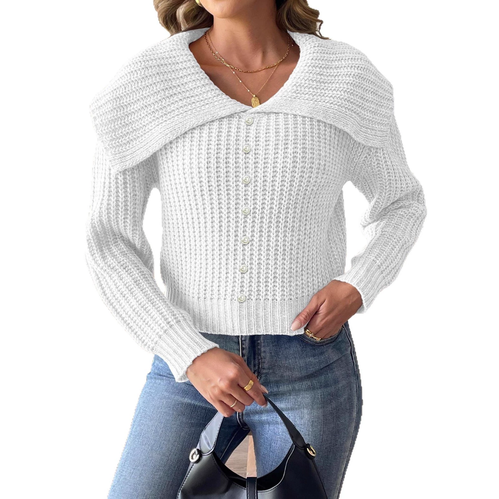 Women's Button-Front Knit Cardigan Sweater with Wide Collar view 5