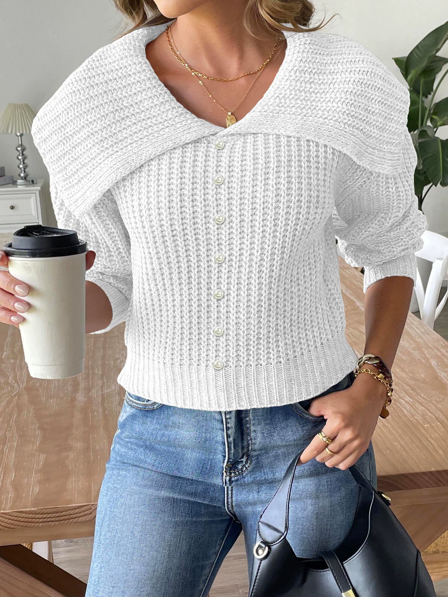 Women's Button-Front Knit Cardigan Sweater with Wide Collar view 7
