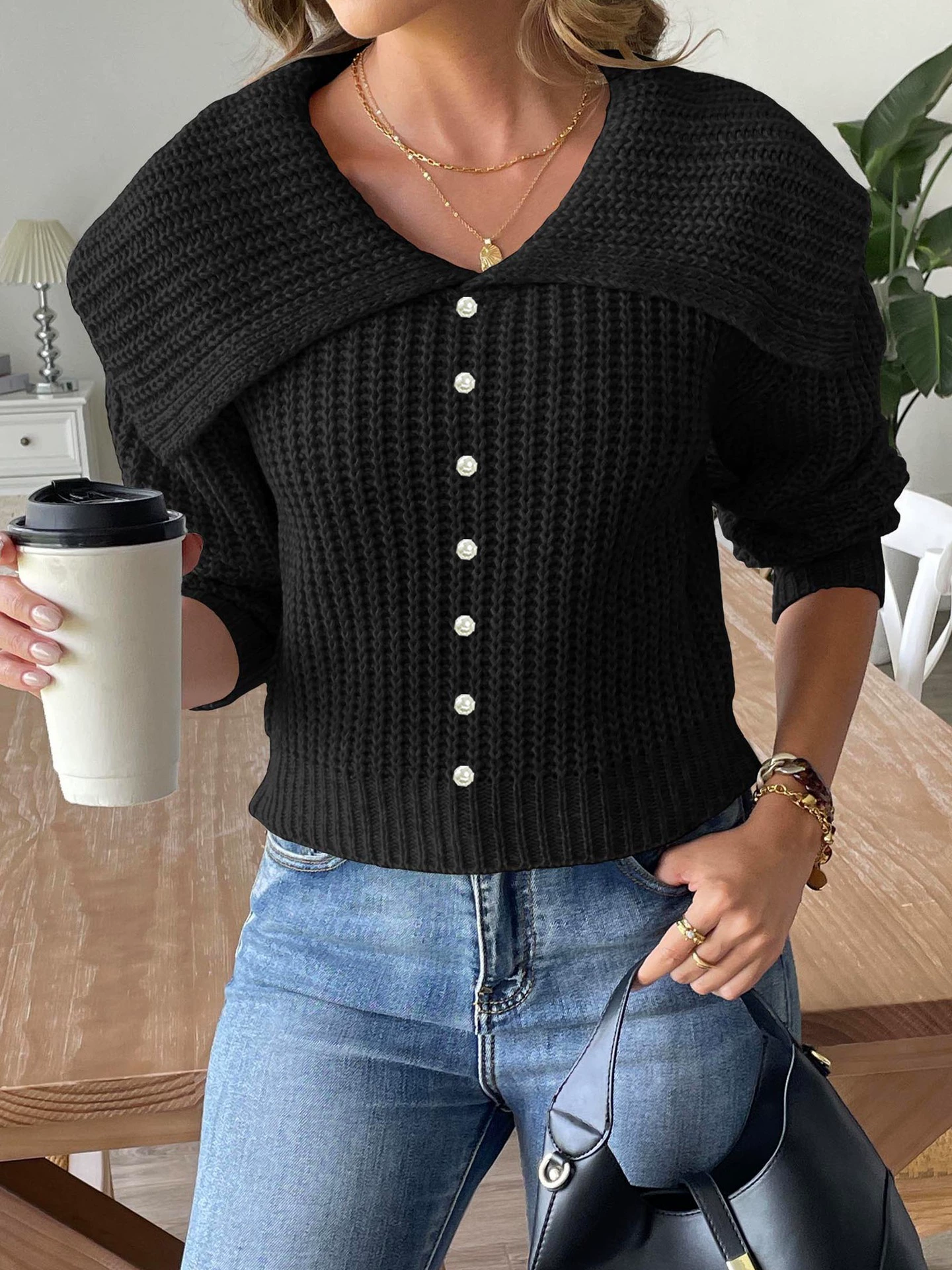 Women's Button-Front Knit Cardigan Sweater with Wide Collar view 8
