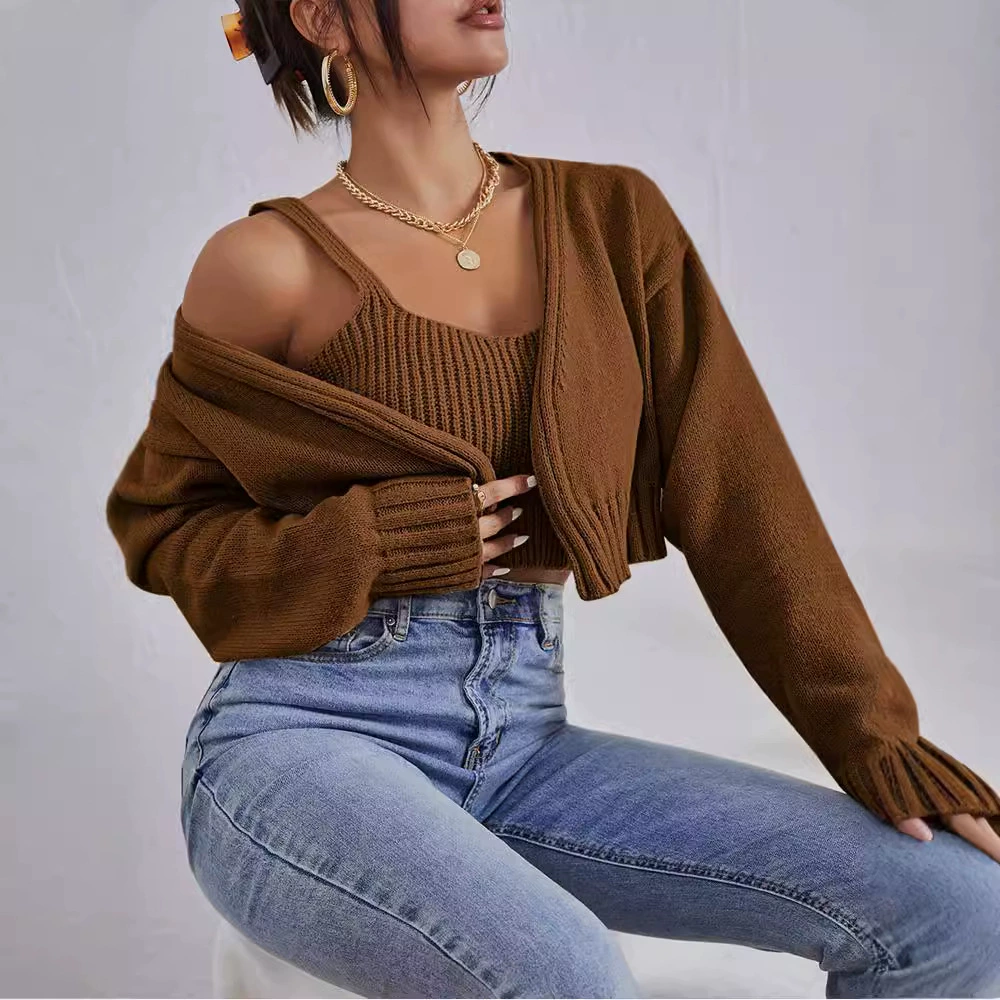 Cropped Knit Cardigan and Camisole Two-Piece Set