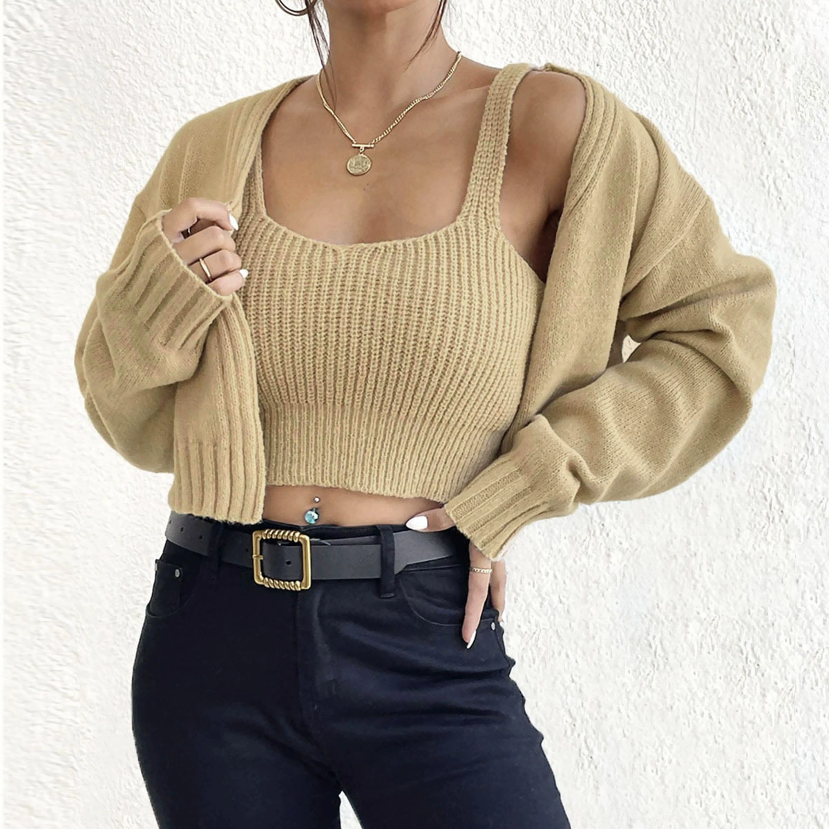 Cropped Knit Cardigan and Camisole Two-Piece Set view 3