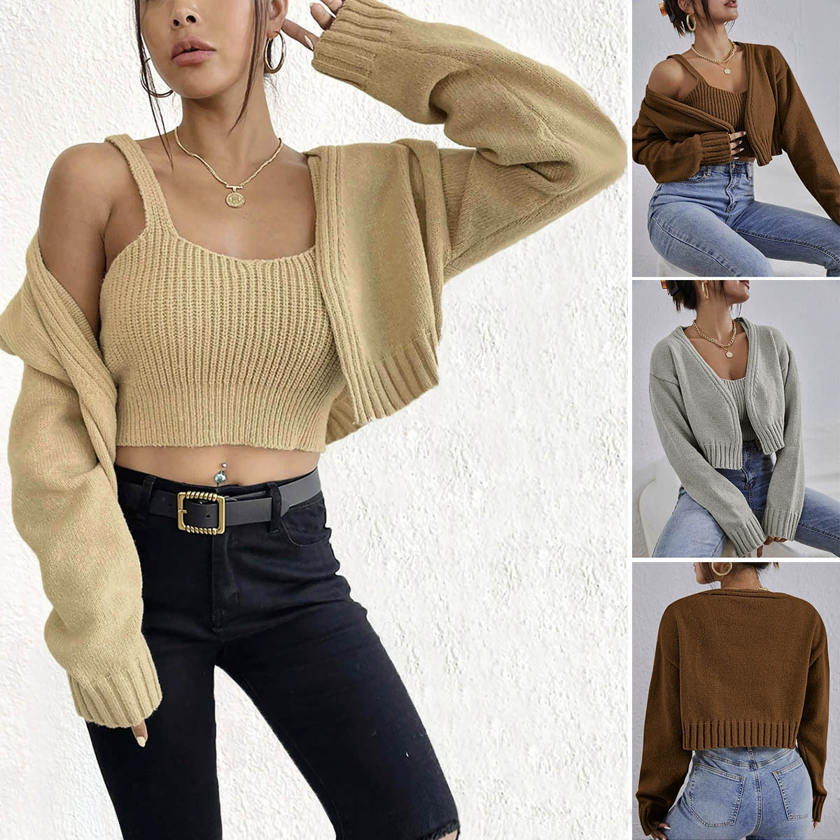 Cropped Knit Cardigan and Camisole Two-Piece Set view 4