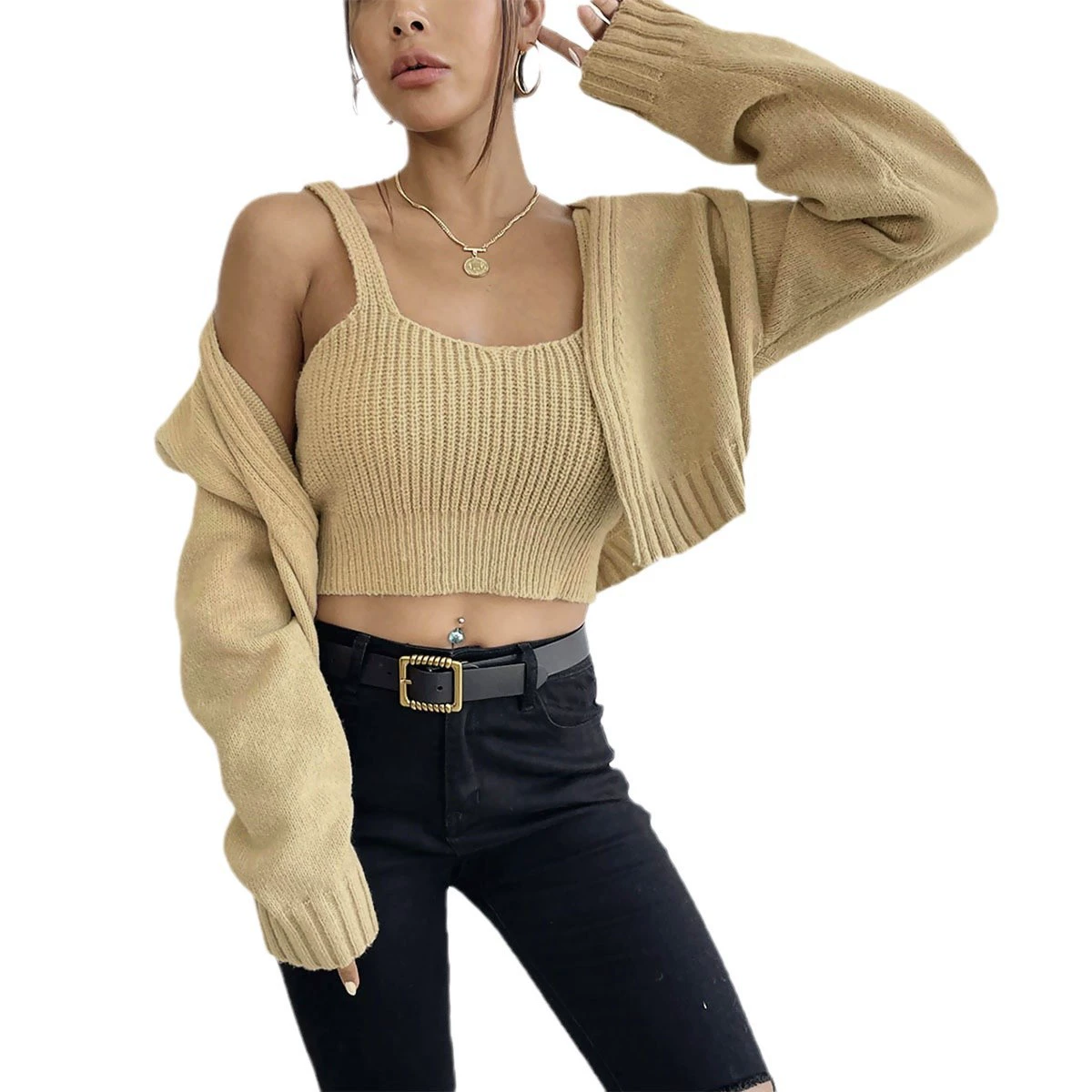 Cropped Knit Cardigan and Camisole Two-Piece Set view 5