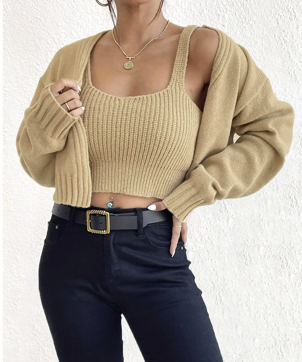 Cropped Knit Cardigan and Camisole Two-Piece Set view 6