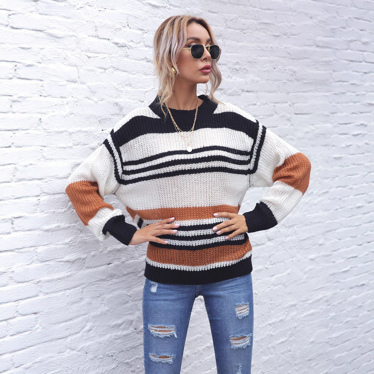 Women's Crew Neck Long Sleeve Pullover Sweater view 3