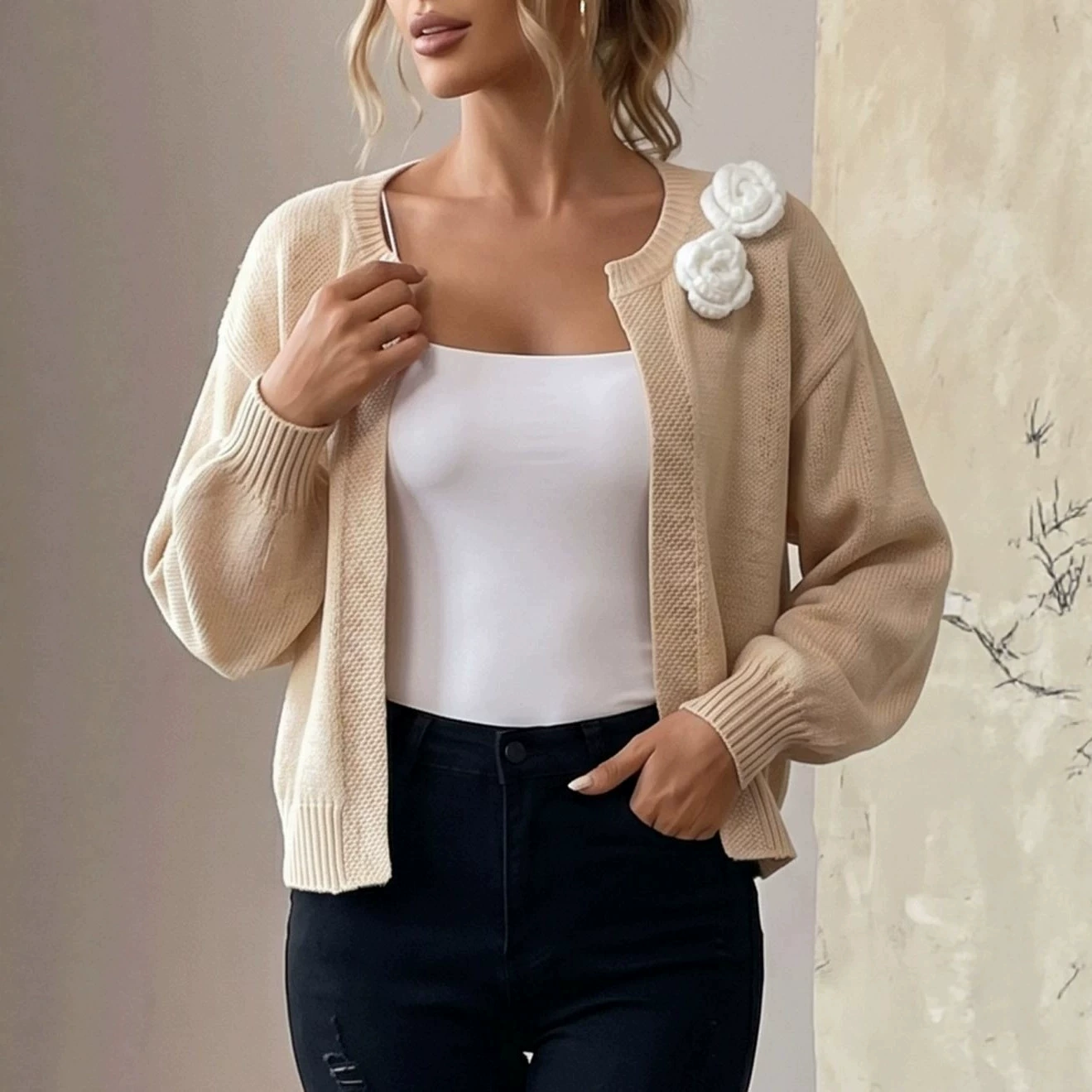 Open Front Knit Cardigan with Ribbed Trim
